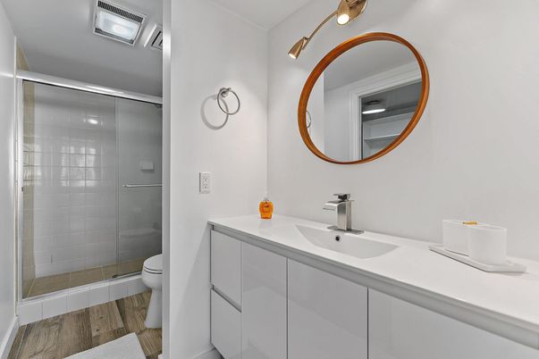 Bathroom, Glass Shower, Interior, Wood Texture Flooring