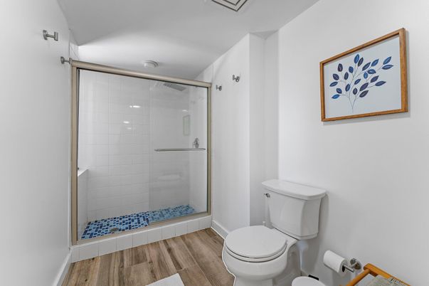 Bathroom, Glass Shower, Interior, Wood Texture Flooring