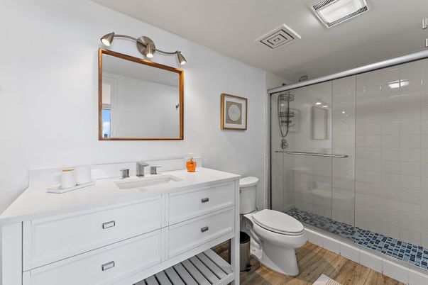 Bathroom, Glass Shower, Interior, Wood Texture Flooring