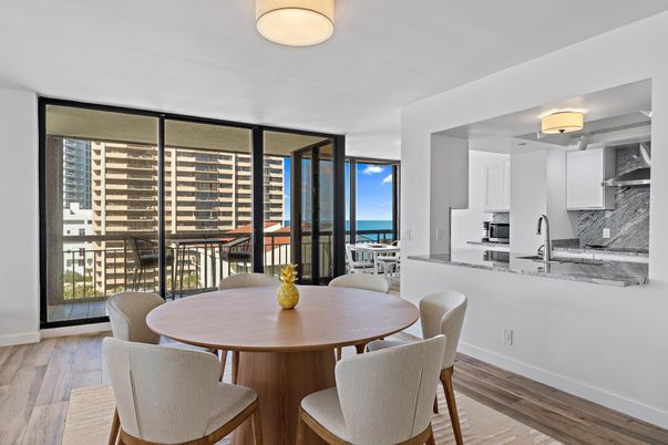Dining room, Interior, Kitchen, Stainless Steel Appliances, Water, Wood Texture Flooring