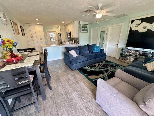 Dining room, Interior, Kitchen, Living room, Recessed Lighting, Wood Texture Flooring