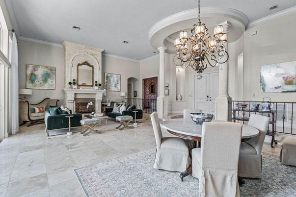 Chandelier, Dining room, Fireplace, Interior, Living room