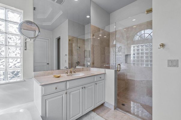 Bathroom, Dual Sink Vanities, Glass Shower, Interior, Recessed Lighting