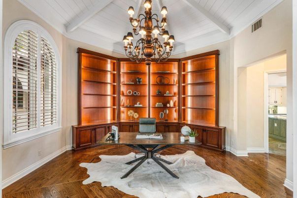 Chandelier, Home Office, Interior, Wood Texture Flooring