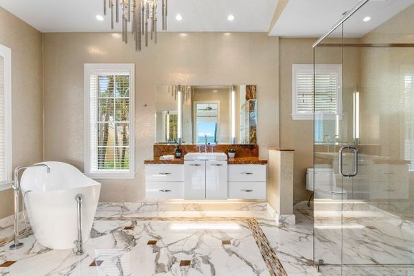 Bathroom, Free Standing Baths, Glass Shower, Interior, Marble, Recessed Lighting
