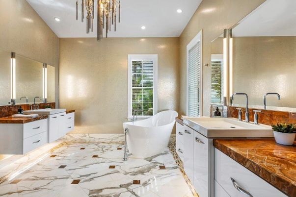 Bathroom, Dual Sink Vanities, Free Standing Baths, Interior, Marble, Recessed Lighting