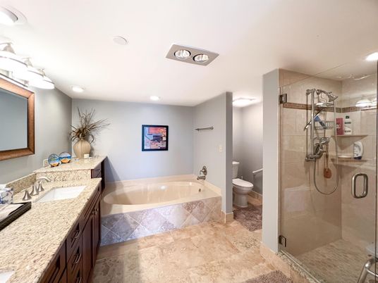 Bathroom, Dual Sink Vanities, Glass Shower, Interior, Recessed Lighting