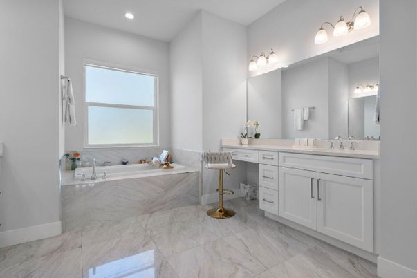 Bathroom, Dual Sink Vanities, Interior, Marble, Recessed Lighting
