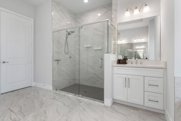 Bathroom, Glass Shower, Interior, Marble, Marble Walls, Recessed Lighting