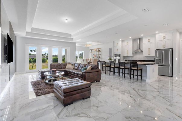 Interior, Kitchen, Living room, Marble, Recessed Lighting, Stainless Steel Appliances