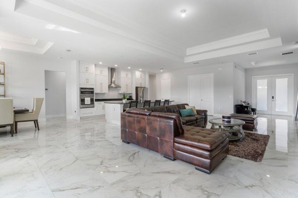 Dining room, Interior, Kitchen, Living room, Marble, Recessed Lighting, Stainless Steel Appliances