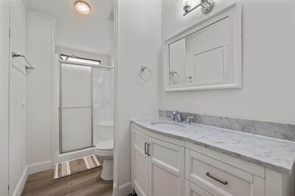 Bathroom, Glass Shower, Interior, Wood Texture Flooring