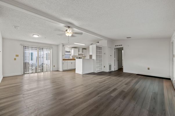 Empty room, Interior, Kitchen, Recessed Lighting, Wood Texture Flooring