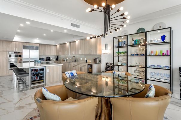 Dining room, Interior, Kitchen, Marble, Pendant Lights, Recessed Lighting, Stainless Steel Appliances