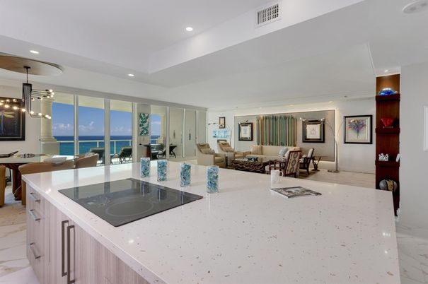 Dining room, Interior, Kitchen, Living room, Marble, Pendant Lights, Recessed Lighting, Water