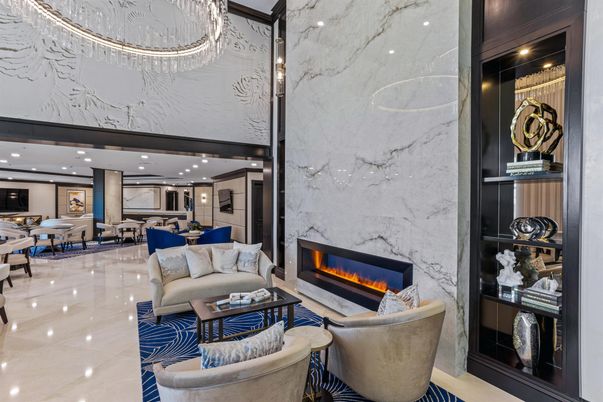 Dining room, Fireplace, Interior, Living room, Marble Walls, Pendant Lights, Recessed Lighting