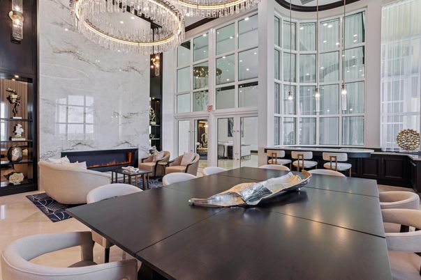 Chandelier, Dining room, Fireplace, Interior, Living room, Marble Walls, Pendant Lights
