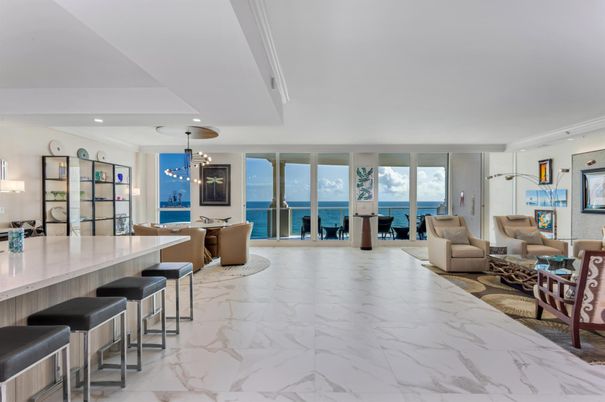 Dining room, Interior, Living room, Marble, Pendant Lights, Recessed Lighting, Water