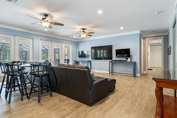 Dining room, Interior, Living room, Recessed Lighting, Wood Texture Flooring