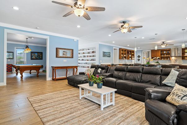 Billiard Table, Game Room, Interior, Kitchen, Living room, Pendant Lights, Recessed Lighting, Wood Texture Flooring