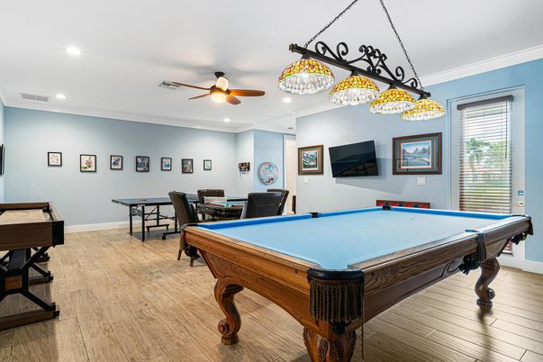 Billiard Table, Game Room, Interior, Recessed Lighting, Wood Texture Flooring