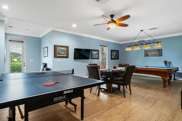 Billiard Table, Game Room, Interior, Pendant Lights, Recessed Lighting, Wood Texture Flooring