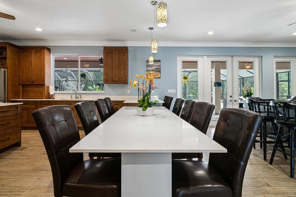 Dining room, Interior, Pendant Lights, Recessed Lighting, Wood Texture Flooring
