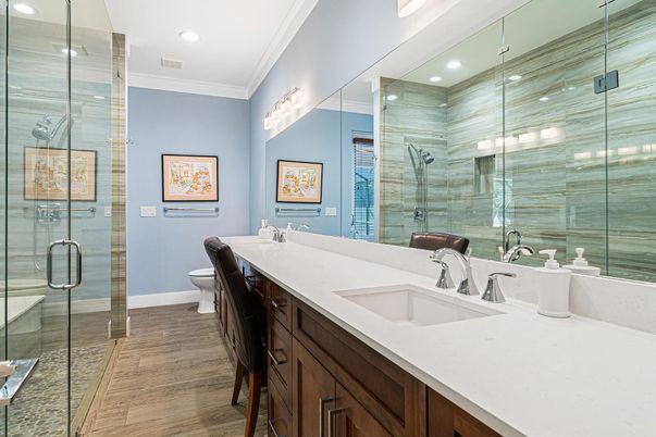 Bathroom, Glass Shower, Interior, Recessed Lighting, Wood Texture Flooring
