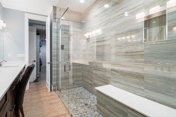 Bathroom, Glass Shower, Interior, Recessed Lighting, Wood Texture Flooring
