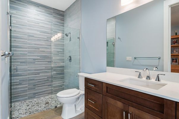 Bathroom, Glass Shower, Interior, Wood Texture Flooring