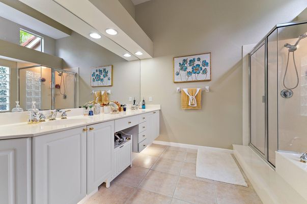 Bathroom, Dual Sink Vanities, Glass Shower, Interior, Recessed Lighting