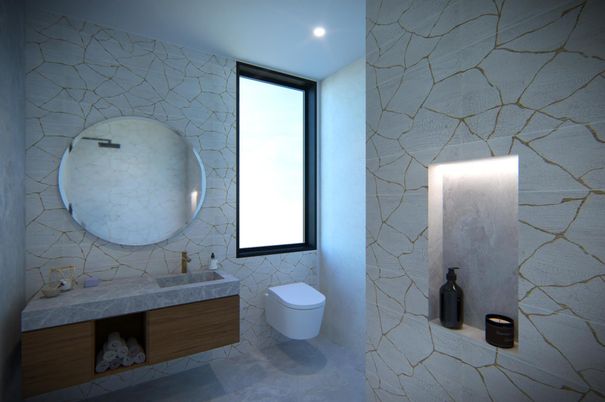 Bathroom, Interior, Recessed Lighting, Stone Walls