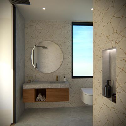 Bathroom, Interior, Recessed Lighting, Stone Walls
