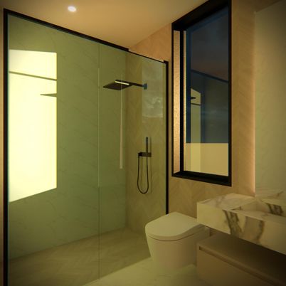 Bathroom, Glass Shower, Interior, Marble Walls, Recessed Lighting