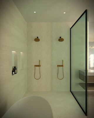 Bathroom, Glass Shower, Interior, Recessed Lighting
