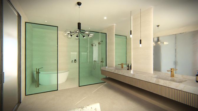 Bathroom, Glass Shower, Interior, Pendant Lights, Recessed Lighting