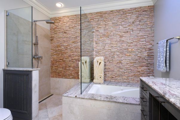 Bathroom, Glass Shower, Interior, Recessed Lighting, Stone Walls