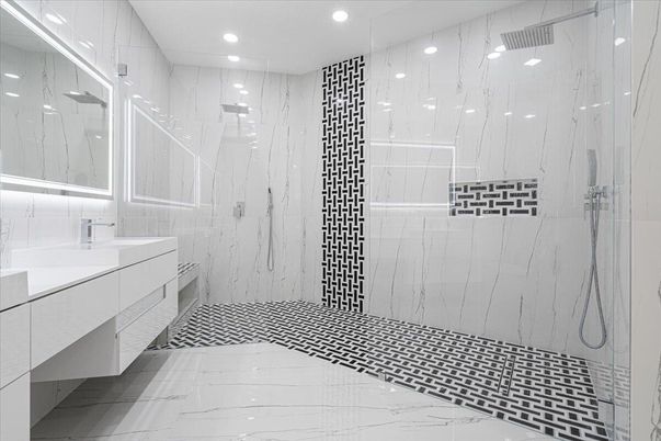 Bathroom, Glass Shower, Interior, Marble, Marble Walls, Recessed Lighting