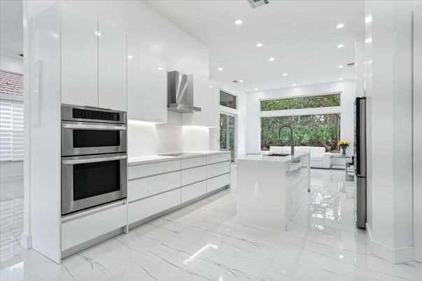 Interior, Kitchen, Marble, Recessed Lighting, Stainless Steel Appliances