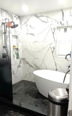 Bathroom, Free Standing Baths, Glass Shower, Interior, Marble, Marble Walls, Recessed Lighting