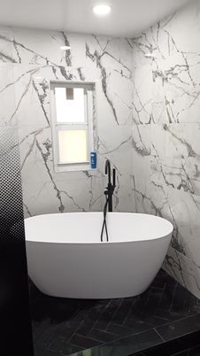 Bathroom, Free Standing Baths, Interior, Marble, Marble Walls, Recessed Lighting