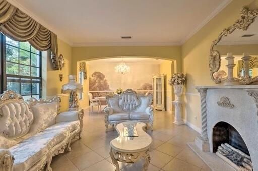 Chandelier, Fireplace, Interior, Living room