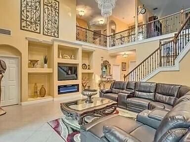 Chandelier, Fireplace, Interior, Living room, Recessed Lighting