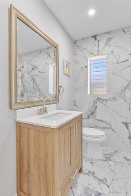 Bathroom, Interior, Marble, Marble Walls, Recessed Lighting