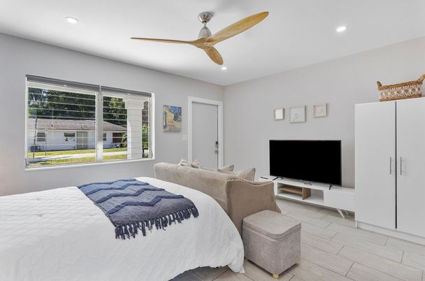 Bedroom, Interior, Recessed Lighting, Wood Texture Flooring