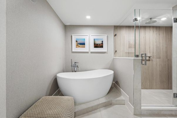 Bathroom, Free Standing Baths, Glass Shower, Interior, Recessed Lighting