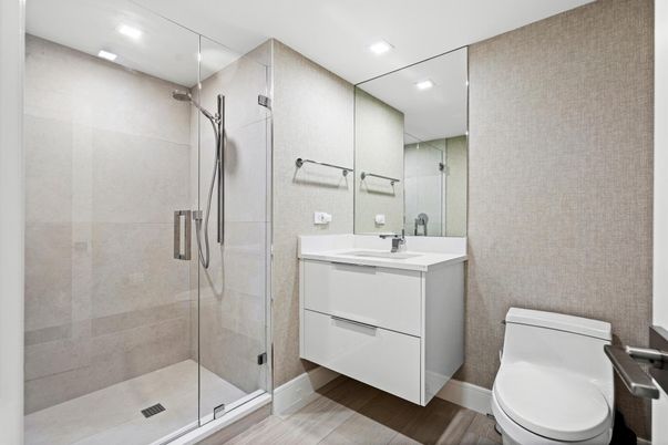 Bathroom, Glass Shower, Interior, Recessed Lighting, Wood Texture Flooring