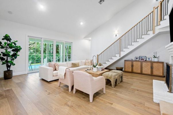 Fireplace, Interior, Living room, Recessed Lighting, Wood Texture Flooring