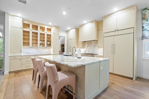 Interior, Kitchen, Marble Walls, Recessed Lighting, Wood Texture Flooring