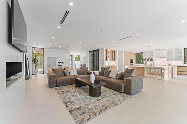 Fireplace, Interior, Kitchen, Living room, Marble Walls, Pendant Lights, Recessed Lighting